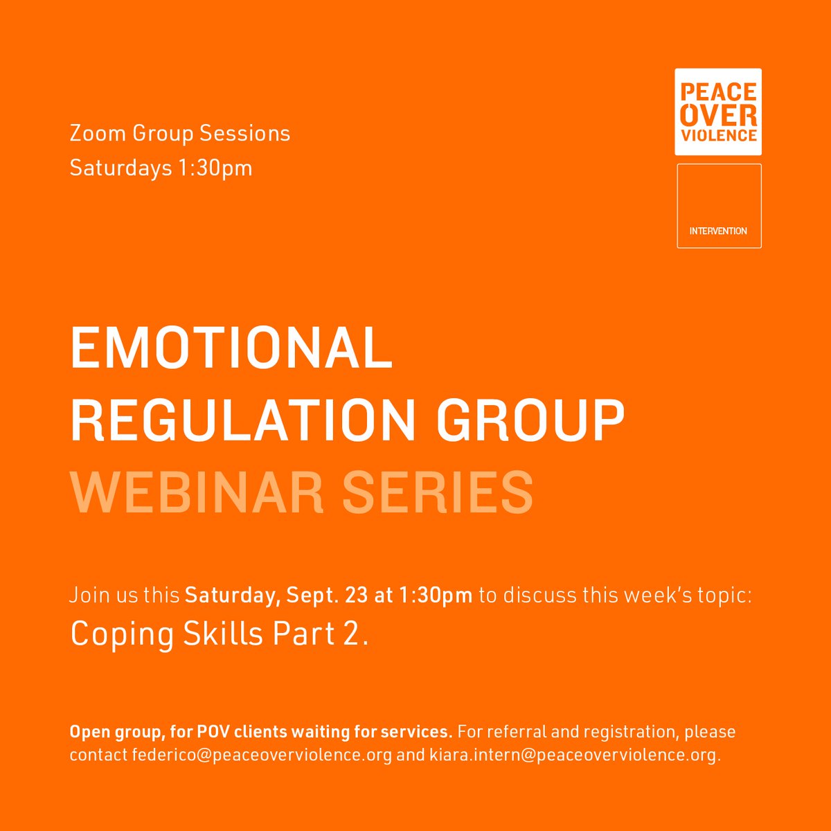 Time for another virtual Emotional Regulation Group session! Open to existing POV clients, this session will explore Coping Skills to improve #wellbeing, #communication, #MentalHealth + more. To register, email Federico@PeaceOverViolence.org or Kiara.Intern@PeaceOverViolence.org