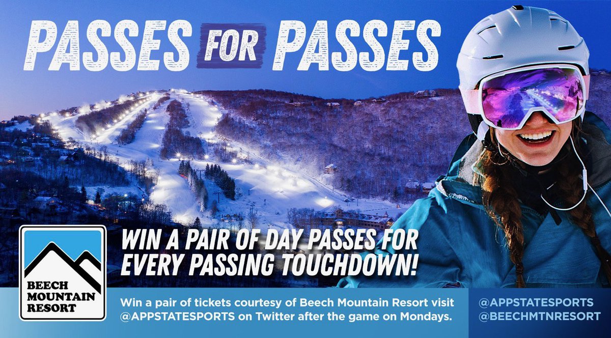 We have 3️⃣ pairs of day ski passes from <a href="/BeechMtnResort/">Beech Mountain Resort</a> to give away today after two <a href="/AppState_FB/">App State Football</a> touchdown passes this weekend against ECU.

Retweet and follow <a href="/BeechMtnResort/">Beech Mountain Resort</a> for your chance to win from 12-1 p.m.   

#PassesforPasses