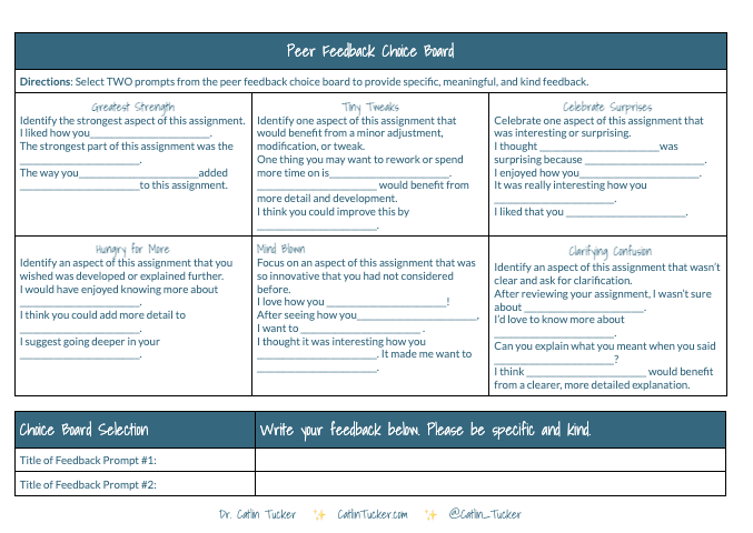 Want to help your students give each other kind, specific, & meaningful peer feedback? 💛 Copy& use my FREE Peer Feedback #ChoiceBoard: bit.ly/46cSSWI #StudentFeedback #EdChat #EduTwitter #PlaylistModel #BlendedLearning