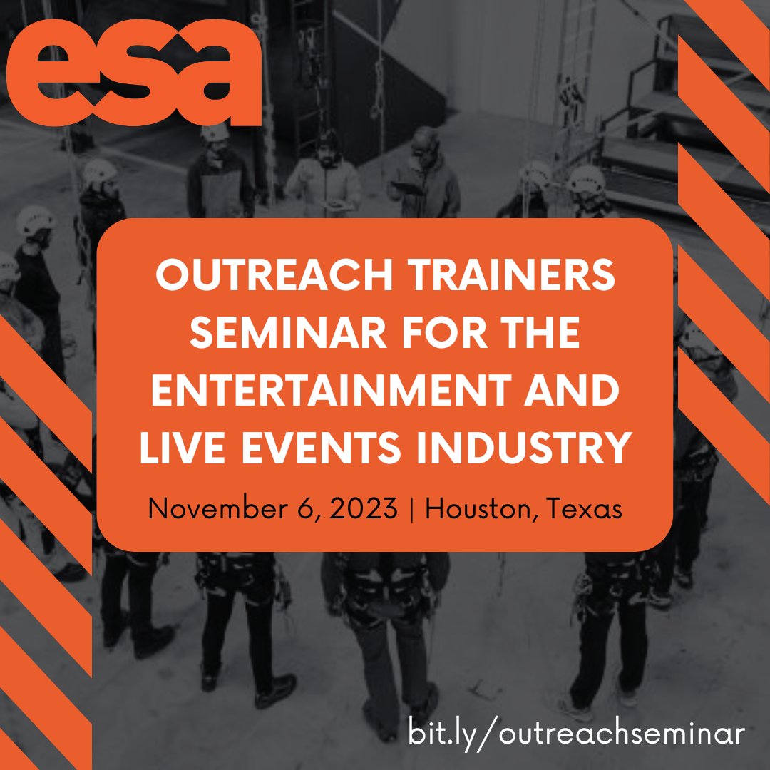 Event Safety Alliance (@eventsafety4all) on Twitter photo Are you an OSHA Outreach Trainer looking to branch out into teaching live event workers? ESA is pleased to announce its inaugural Outreach Trainers Seminar for the Entertainment & Live Events Industry. Details 👉 bit.ly/outreachseminar
#OSHA #eventsafety #eventprofs #safety Are you an OSHA Outreach Trainer looking to branch out into teaching live event workers? ESA is pleased to announce its inaugural Outreach Trainers Seminar for the Entertainment & Live Events Industry. Details 👉 bit.ly/outreachseminar
#OSHA #eventsafety #eventprofs #safety