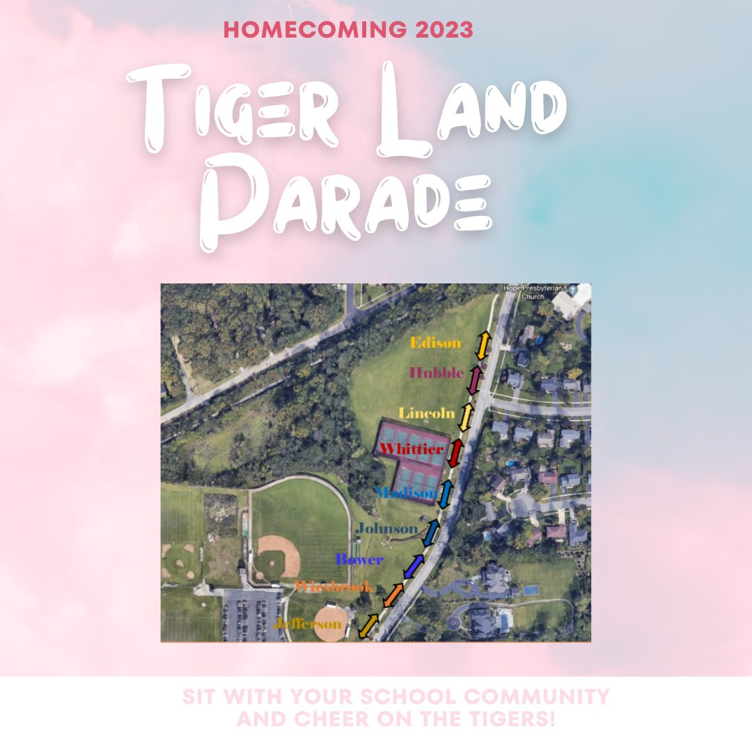 It's homecoming week at Wheaton Warrenville South High School, and the community is invited to participate! This Wednesday, September 20, the Homecoming Parade will kick off at 6:30 p.m. along Wiesbrook Rd. See the flier &amp; map for details. Go Tigers! #YourCommunitySchools