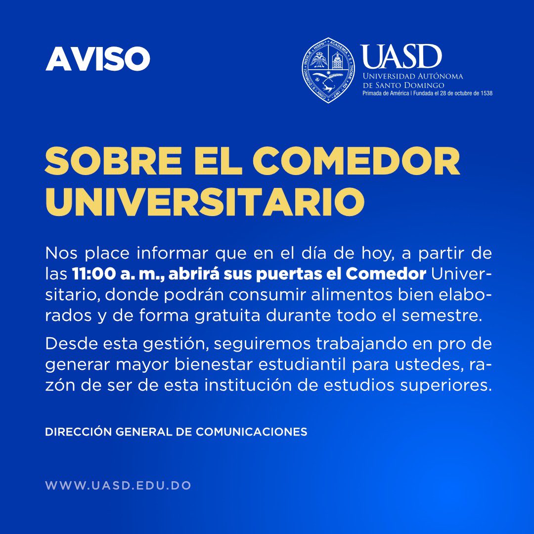 UniversidadUASD's tweet photo. ¡Atención #UASDianos!
#ComedorUASD
#ComedorUniversitario https://t.co/uXay4OQeNh