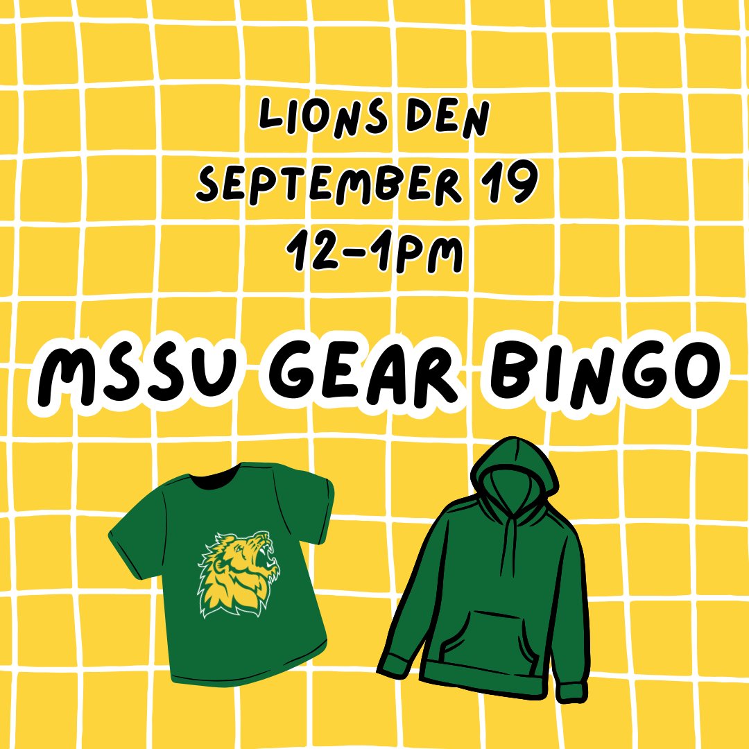 mososao's tweet photo. Hey lions! Come by the Lions Den tomorrow in between classes from 12-1 to get a chance to win some MSSU gear! You don't want to miss out on this bingo:) See you there‼️ https://t.co/LdGqSVbJPL