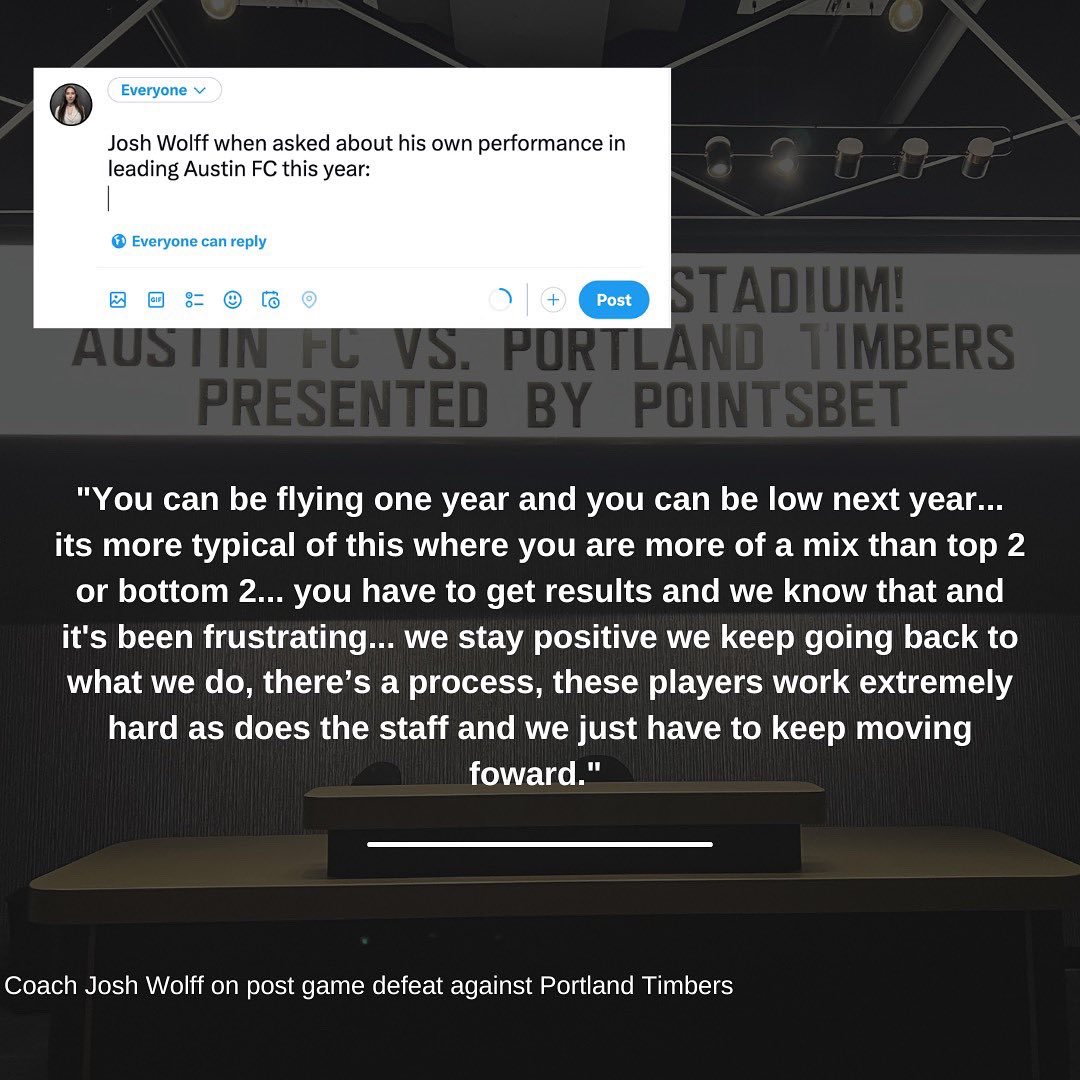 GC_AustinTX's tweet photo. Josh Wolff commenting on his own performance….kind of…

#AustinFC #q2stadium #MLSplayoffs #Austin https://t.co/AALKBuWEWK