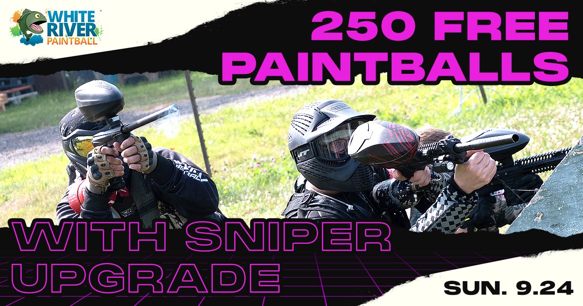 WRPaintball's tweet photo. When you purchase a sniper upgrade, get 250 FREE paintball this Sunday (09/24) 👏Get the promo code online at https://t.co/wTbAbLKtMt

#WhiteRiverPaintball #Paintball #PaintballField #Free #OpenPlay #AndersonIN #Specials https://t.co/h4fjKSCr7r