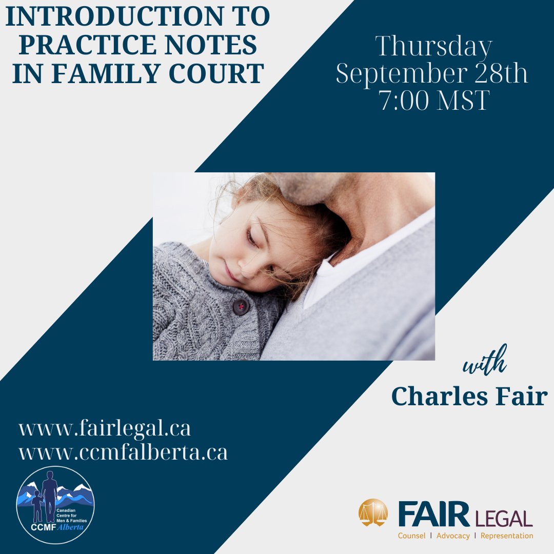 FairLegalAB's tweet photo. Do you know what Family Law Practice Notes are? Join Charles Fair as he gives an overview of Practice Notes used in Alberta Courts.
Register here: https://t.co/7LHRivsJZk
#calgarylawyer #yyc #calgaryfamilylaw #albertacourts #practicenotes #divorce #parenting #childsupport https://t.co/DOFBdyzkVw