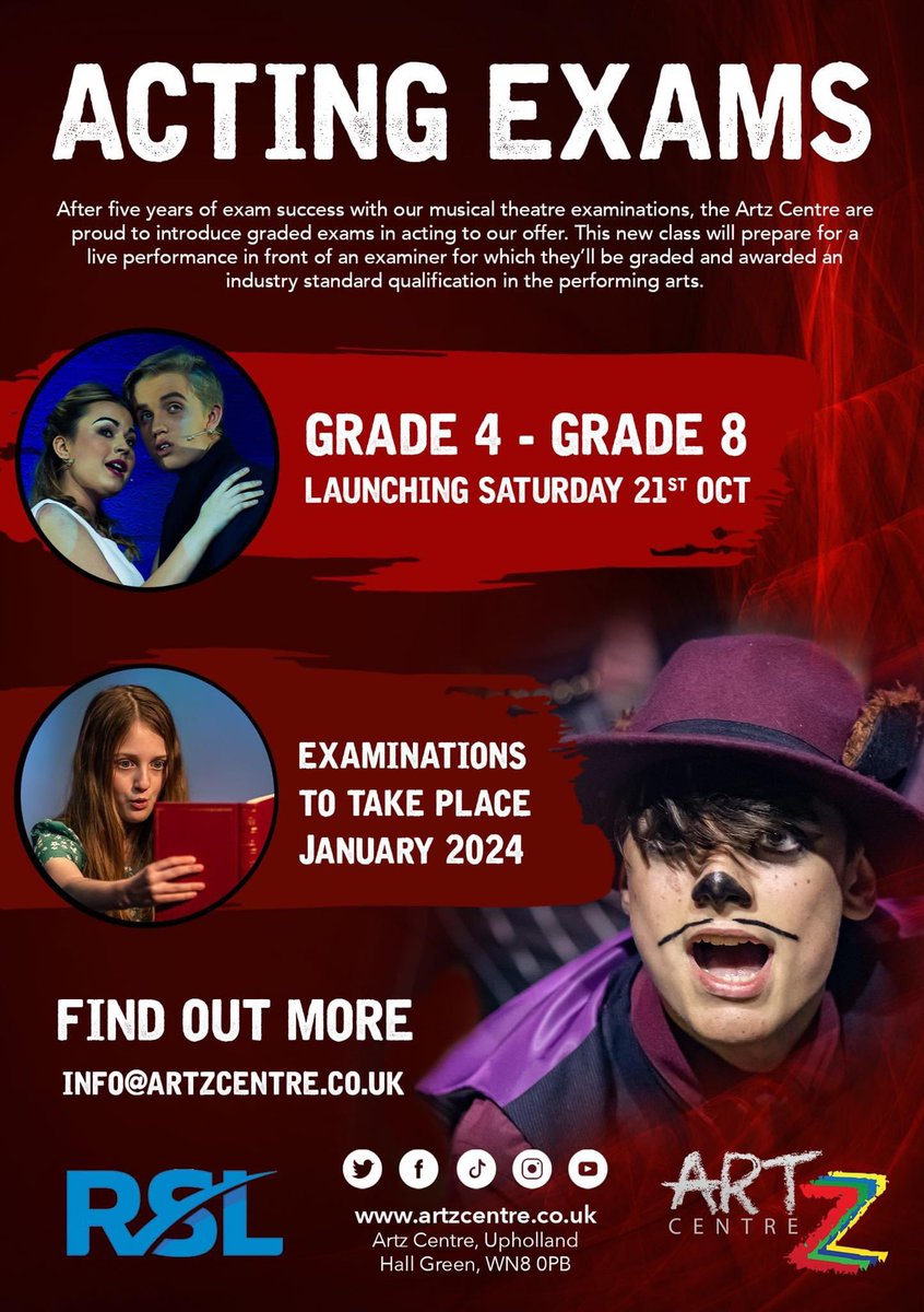 We’re excited to be growing our offer of Graded <a href="/RSLAwards/">RSL Awards</a> Exams, this time in Acting.

To sign up for receiving more info, or to register your interest, be sure to email info@artzcentre.co.uk 

#BeYourBestYou #AimHigh #WorkHard #TakePride #ShowRespect #BeProud