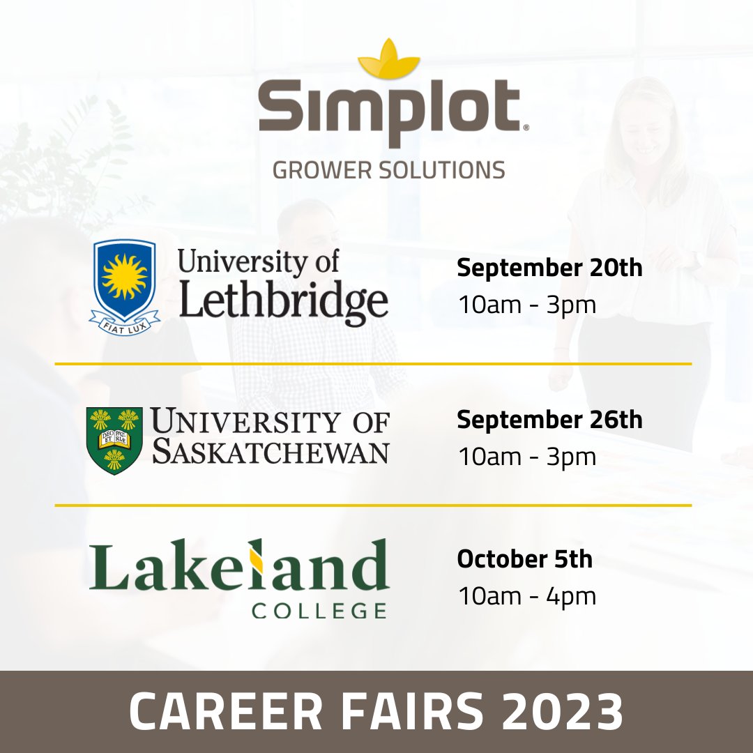 Attention students at University of Lethbridge, University of Saskatchewan, and Lakeland College Canada - Simplot Grower Solutions is coming to you!! 

Find us at your Career Fair and chat with us about all things agriculture and job opportunities!