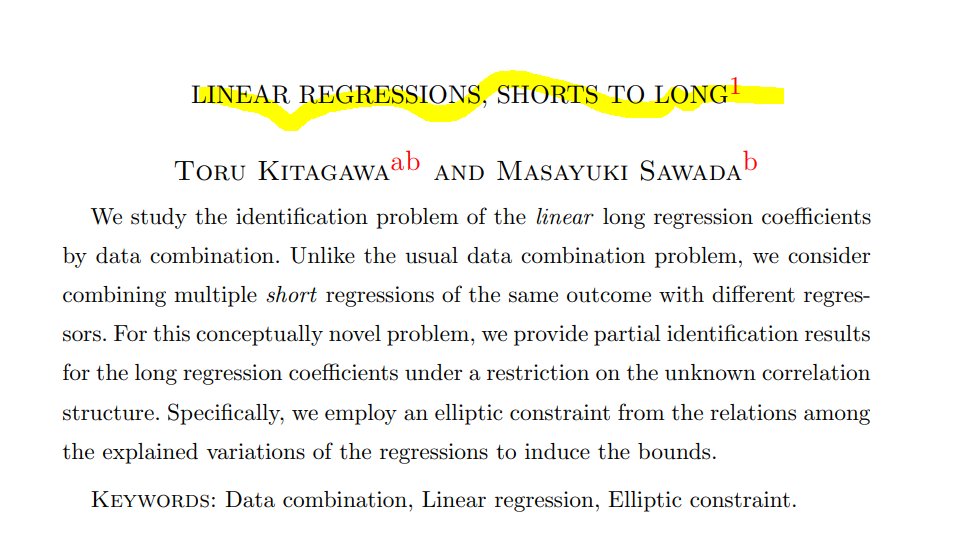 Hi #EconTwitter! You have the regression of y on X1 and the regression of y on X2. What can you say about the 'long' regression of y on [X1,X2]? Dive into a discussion of this long-standing problem in this paper by @kitagawa_toru (@BrownUniversity) & @masa1123