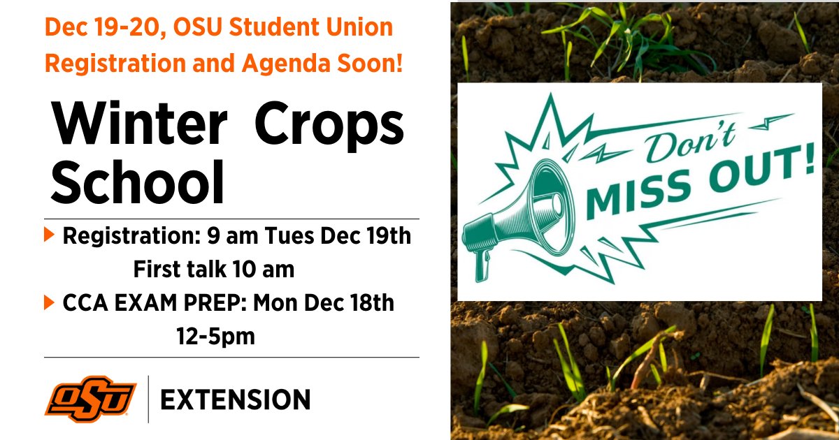 Save the Date!!! OSU Winter CCA Crop School Dec 19-20th. Will have CCA Exam Prep Monday the 18th. 
Registration and Agenda to released soon. <a href="/okstate_ag/">Oklahoma State University Extension</a>  <a href="/okstateferguson/">OSU Ferguson College of Agriculture</a>