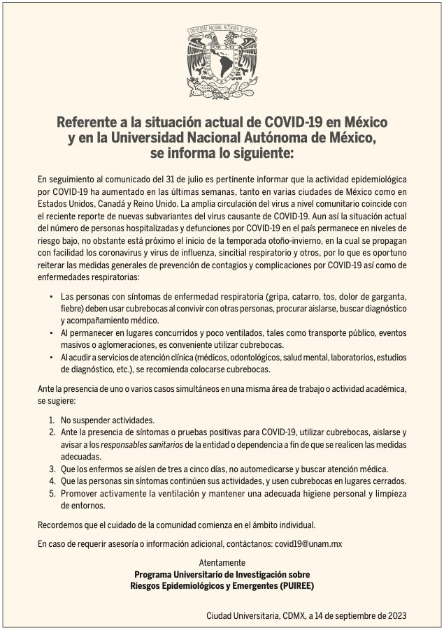 Los casos de COVID-19 en México siguen aumentando poco a poco. Hay menos visibilidad de la situación, pero podemos inferir una amplia circulación del virus.

Desde la UNAM emitimos este comunicado recientemente. Favor de difundir:

1/2