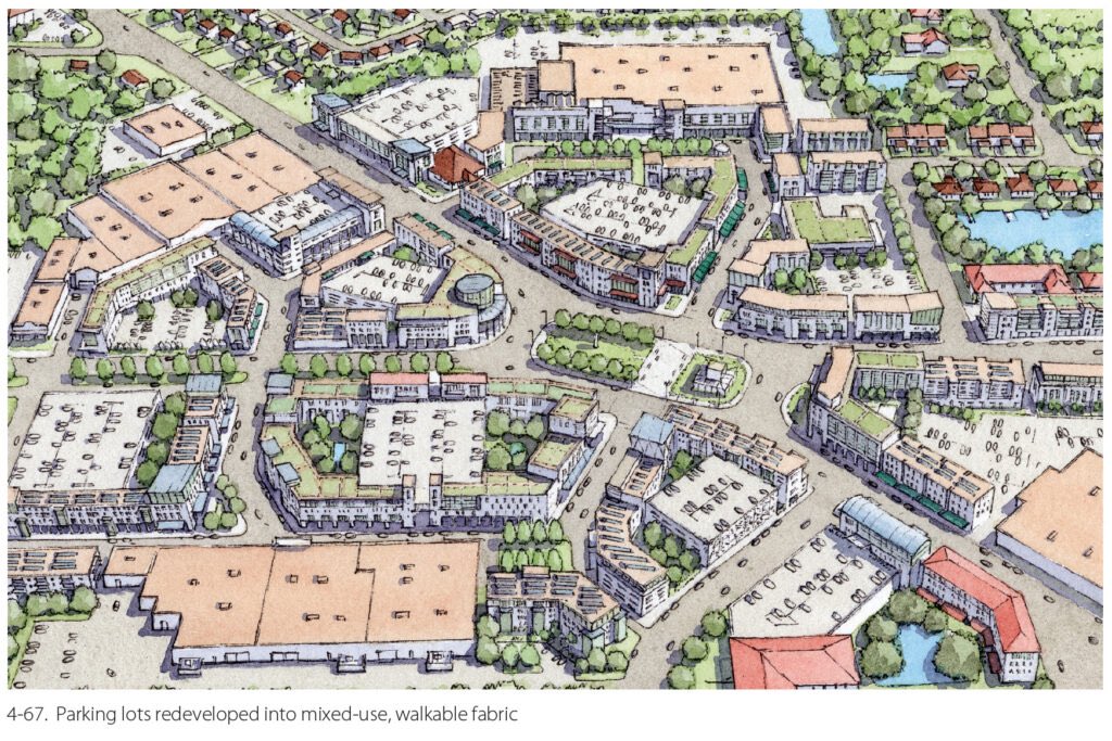 Even though it’s nearly impossible to retrofit residential urban sprawl, it’s quite easy to make our suburban commercial centers a lot more walkable, green, and dense. (DPZ)