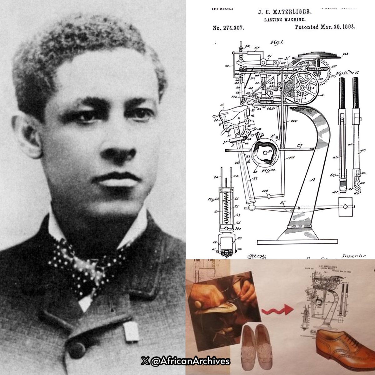 AfricanArchives's tweet photo. Jan Ernst Matzeliger revolutionized the shoe industry!

He invented an automatic lasting machine that mechanized the complex process of joining a shoe sole leading to mass production of shoes. It cut shoe prices dramatically, meaning more people could afford them.

Matzeliger was born in 1852. He was a black inventor best known for his shoe-lasting machine that mechanically shaped the upper portions of shoes.

Born in Paramaribo, Dutch Guiana [now Suriname], the son of a Dutch father and a black Surinamese mother, Matzeliger began work as a sailor on a merchant ship at the age of 19. After about six years settled in Lynn, where he found employment in a shoe factory and became interested in the possibilities of lasting shoes by machine. Working alone and at night for six months, he produced a model in wood and on March 20, 1883, received a patent. His invention won swift acceptance and within two years had largely supplanted hand methods in Lynn.

His patent was subsequently bought by Sydney W. Winslow, who established the United Shoe Machine Company. The continued success of this business brought about a 50% reduction in the price of shoes across the nation, doubled wages, and improved working conditions for millions of people dependent on the shoe industry for their livelihood. The patent number is 459,899.

Matzeliger received several other patents for shoe-manufacturing machinery, including an improved model of his first lasting machine. He died Aug. 24, 1889, in Lynn, Mass., when only 37, long before he had the chance to realize a share of the enormous profit derived from his invention.
