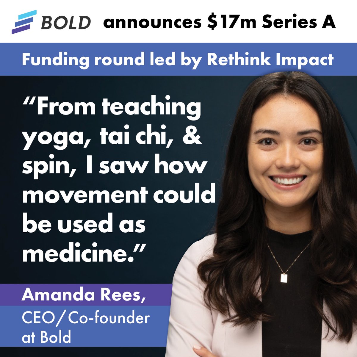 📣 Los Angeles-based #startup, Bold, has secured $17m in a #SeriesA #funding round led by <a href="/rethinkimpact/">Rethink Impact</a> to support its mission of helping #aging adults stay active &amp; healthy 🏃‍♀️. 
Also part of the round were: Primetime Partners, Andreessen Horowitz (<a href="/pmarca/">Marc Andreessen 🇺🇸</a>), &amp; <a href="/khoslaventures/">Khosla Ventures</a>