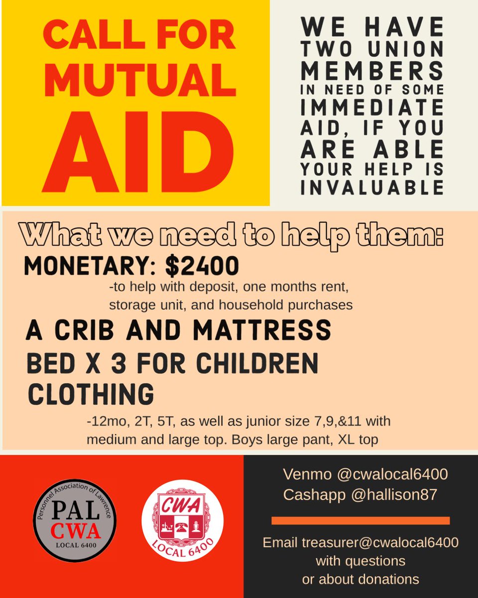 CWAlocal6400's tweet photo. Hey all, asking for community help! We’ve had a few donations of money and apparel but not enough to cover what is needed. Please help if you can! https://t.co/QNDVnZQWR0