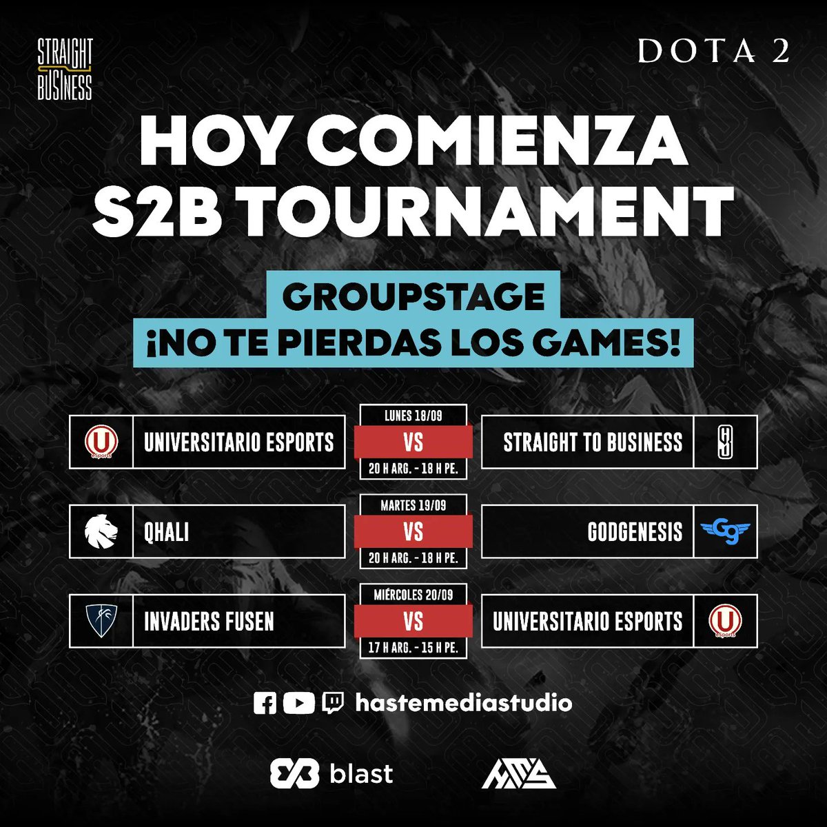 s2b_gg's tweet photo. ¡LLEGÓ EL DIA!🥰

Hoy comienza el GroupStage, vamos a estar transmitiendo un bo3 por día hasta los playoffs.🔥

⏰Arrancamos con @U1924eSports vs @s2b_gg a las 20:00hs🇦🇷/18:00hs🇵🇪. 

Lo ven a través de @hastemediastudio. 📹 https://t.co/QXDBSveafS