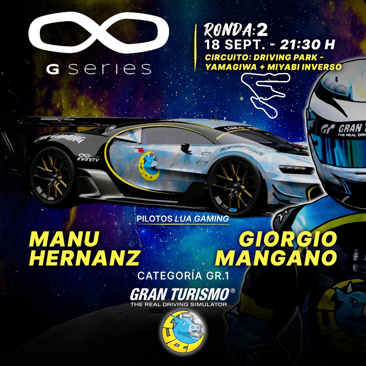 LUAGaming_'s tweet photo. 🗣 Hoy tendremos la 2º ronda del Campeonato @InfinityGSeries 🔥

Sin duda  la combinación de hoy será divertida! 

🕤 21:30H 
🏎️ Categoría Gr.1 
👥 @MANUELHERNANZ14  y @Giorgio_57 
🎥https://t.co/WiRJj7jbiI

#ToTheMuun https://t.co/5U9pQ5lXMN