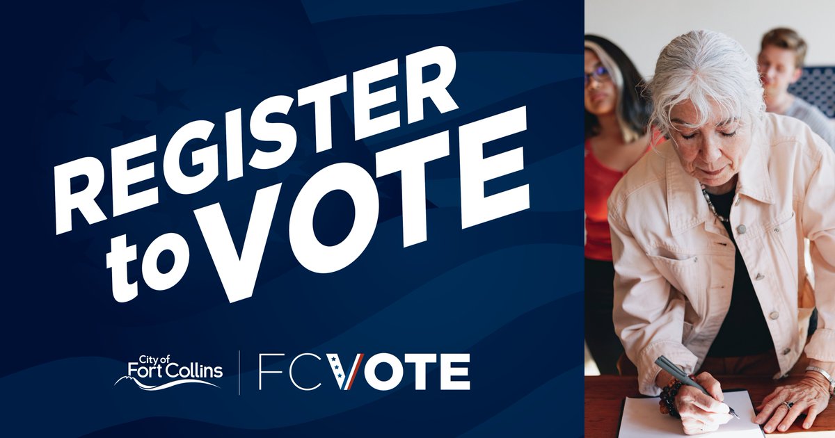 It’s National Voter Registration Day so make sure you are registered to vote! 🗳️

On Nov. 7 Fort Collins voters will elect a Mayor; Councilmembers in Districts 2, 4 &amp; 6; &amp; vote on several ballot questions. 📋

ℹ️ fcgov.com/elections/regi… or GoVoteColorado.gov.