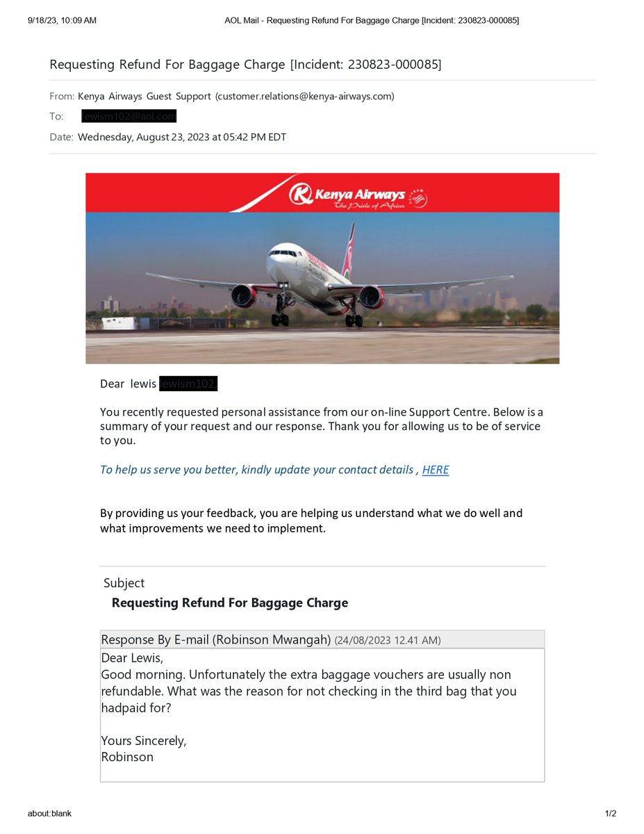 thirstnomorecp's tweet image. Thank you @KenyaAirways for forcing me to expose my displeasure with your cust. svc publicly. I pleaded w/you to do the right thing and refund a charge I ultimately never incurred, and you have ghosted me. Here's to all the lost revenue you will miss out on.
#angrycustomer