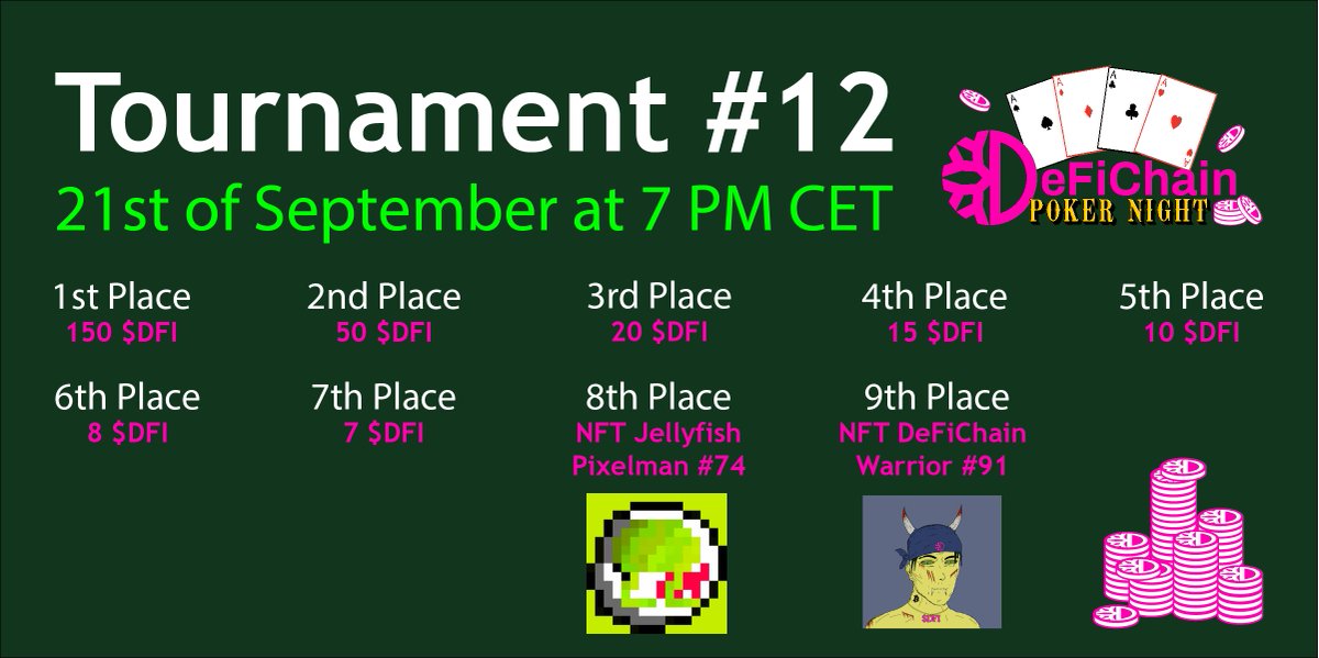 The registration for the next FREE #DeFiChain #PokerNight is open now! ♠️ ♥️♣️♦️

Just click on 'request participation'! 👇
pokernow.club/mtt/dfi-poker-…

If you participate for the first time, please send us a message with your poker username! 🙏

<a href="/defichain/">DeFiChain</a> #TexasHoldem