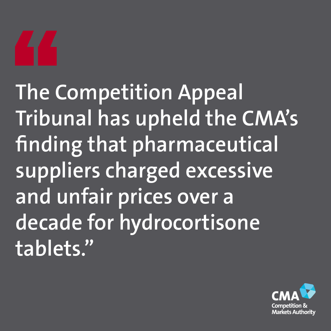 We are pleased that @CATribunal has upheld our finding that Auden/Actavis UK charged excessive and unfair prices for hydrocortisone tablets.

This has resulted in fines of almost £130 million.

Read more: gov.uk/government/new…