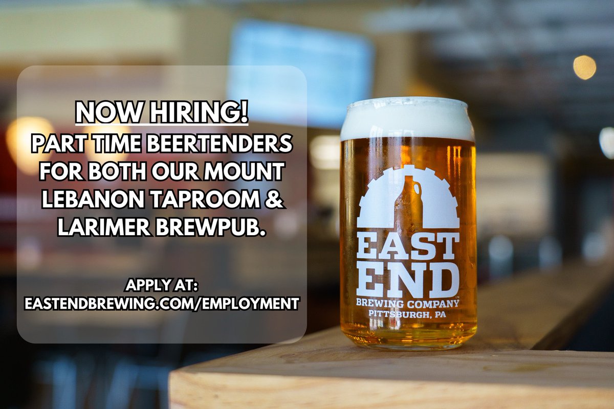 Hey! Interested in working in beer? We are currently hiring one or two individuals for EACH of our locations. These are tipped positions and will require evening and/or weekend hours. If you’re thinking about joining the squad, head over to eastendbrewing.com/employment Cheers!