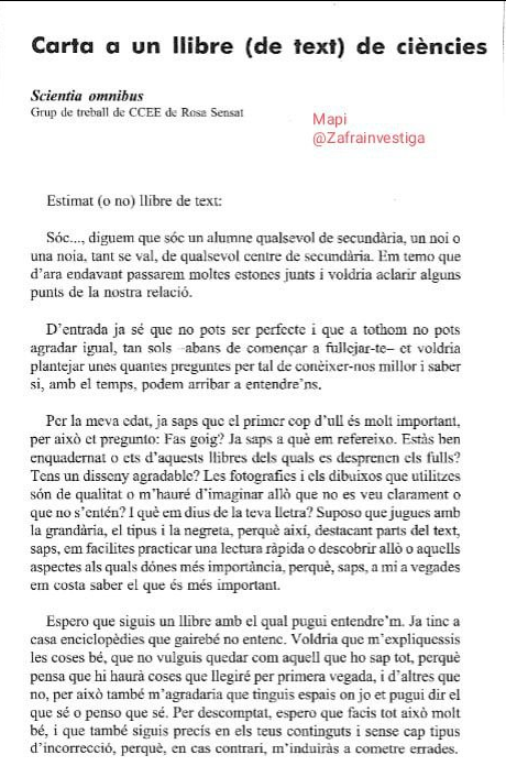 Zafrainvestiga's tweet photo. Aquesta #reflexió de @lluismora m'ha fet recordar el monogràfic 302 de l'any 2006 de la revista #PerspectivaEscolar @RosaSensat dedicat a "Ús i abús del #llibredetext" on vàrem escriure com a grup de treball #ScientiaOmnibus, l'article "Carta a un llibre (de text) de ciències"🧵 https://t.co/p7nxyHQqOT