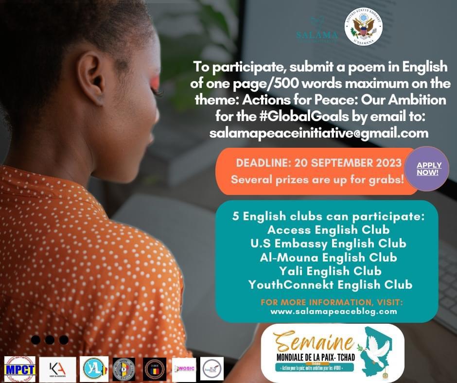 If interested, submit a poem in English, 500 words maximum, on the theme: Actions for Peace: Our Ambition for the Global Goals and submit to salamapeaceinitiativeagmail.com not later than September 20.