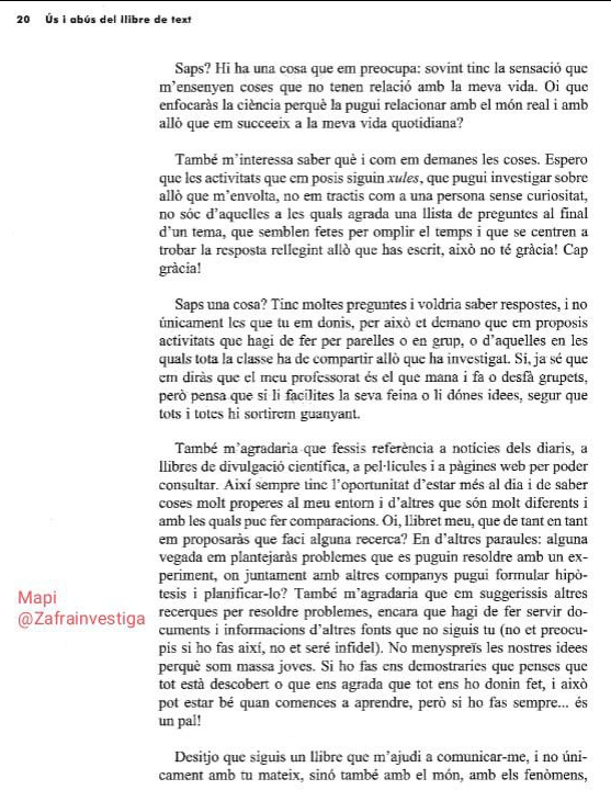 Zafrainvestiga's tweet photo. Aquesta #reflexió de @lluismora m'ha fet recordar el monogràfic 302 de l'any 2006 de la revista #PerspectivaEscolar @RosaSensat dedicat a "Ús i abús del #llibredetext" on vàrem escriure com a grup de treball #ScientiaOmnibus, l'article "Carta a un llibre (de text) de ciències"🧵 https://t.co/p7nxyHQqOT