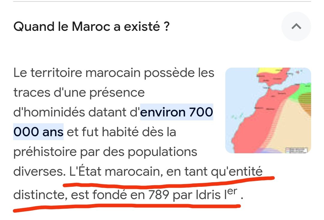 @ninaninoucha @chrifi_rabah @Karimb04489045 @1djo2djo @ABellabbaci @Imanour @FerhatMhenni Alors que les français reconnaissent qu' ils ont trouvé au Maroc une entité indépendante créée par Idris 1er en 789, ils continuent, depuis votre grand père De Gaulle, de vous humilier en rappelant qu' il n' y a jamais eu d' état Algérien avant leur arrivée🤦