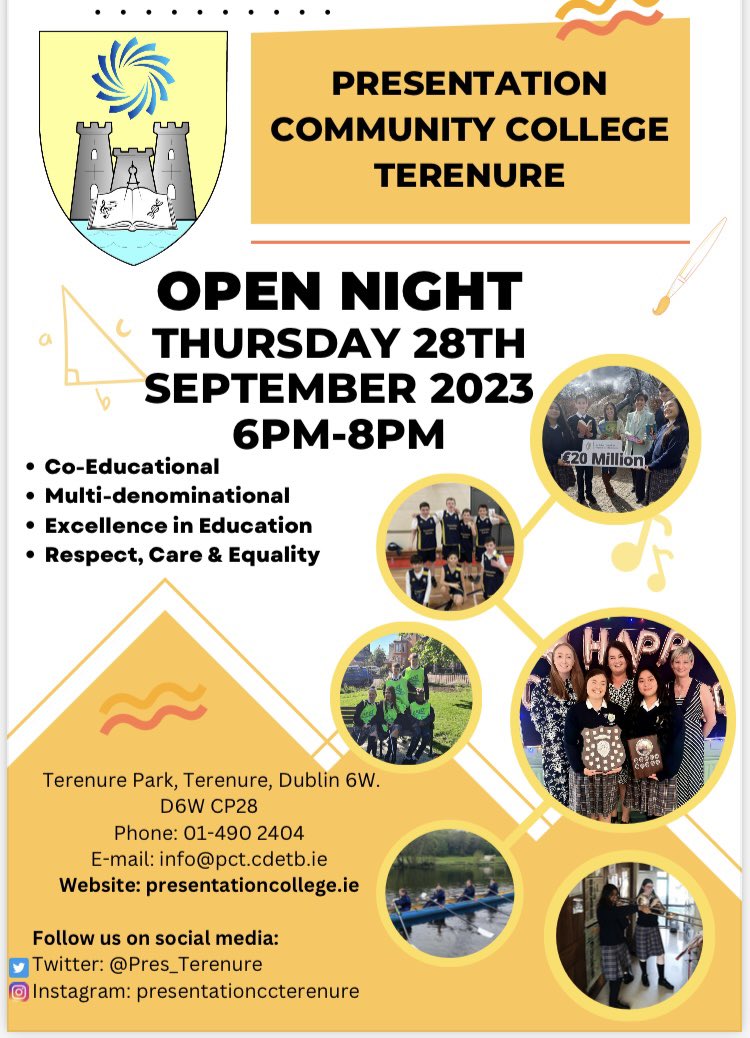 Pres_Terenure's tweet photo. We are delighted to be holding an Open Evening on the 28th of September for prospective students and parents/guardians. Come along to get a flavour of the learning opportunities our students have at PCC! @CityofDublinETB https://t.co/CKok9vw9Xi