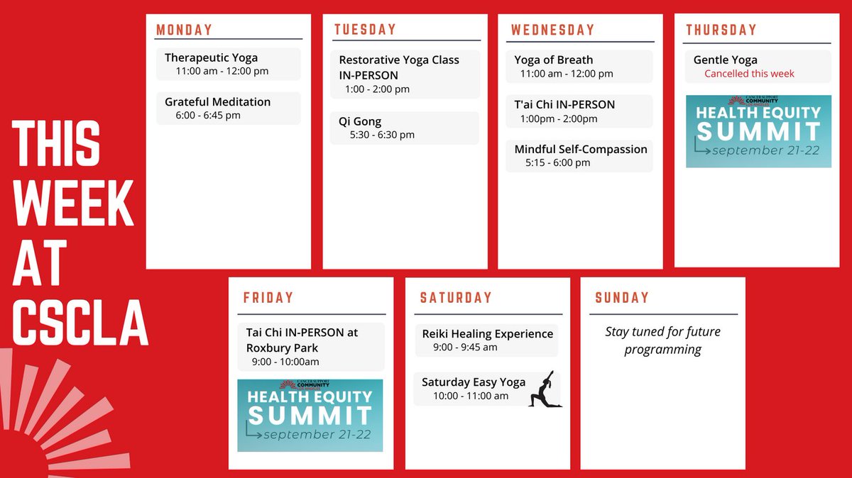 CSCLA (@cancersupportla) on Twitter photo Coming up this week at CSCLA! Join us for a yoga class, Qi Gong, Tai Chi or our Health Equity Summit! Make sure to visit our website calendar for location (in-person or virtual) and to register!
cancersupportla.org/events Coming up this week at CSCLA! Join us for a yoga class, Qi Gong, Tai Chi or our Health Equity Summit! Make sure to visit our website calendar for location (in-person or virtual) and to register!
cancersupportla.org/events