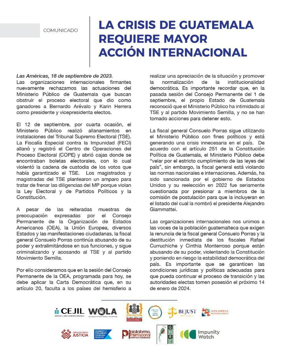 #Guatemala │Organizaciones internacionales rechazan las actuaciones del <a href="/MPguatemala/">MP de Guatemala</a> que buscan obstruir el proceso electoral que dio como ganadores a Bernardo Arévalo y Karin Herrera. La crisis de Guatemala requiere mayor acción internacional.