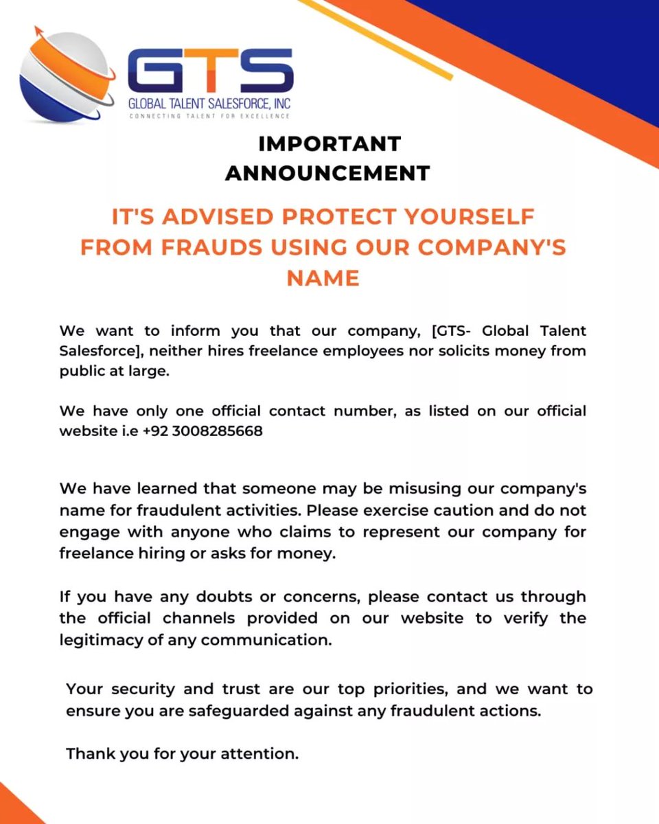 GTSRecruit's tweet photo. Important Announcement

#SCAM #ScamAlert #Pakistan #Karachi #Crypto 
#gts #globaltalent https://t.co/4y9C3NBLYf