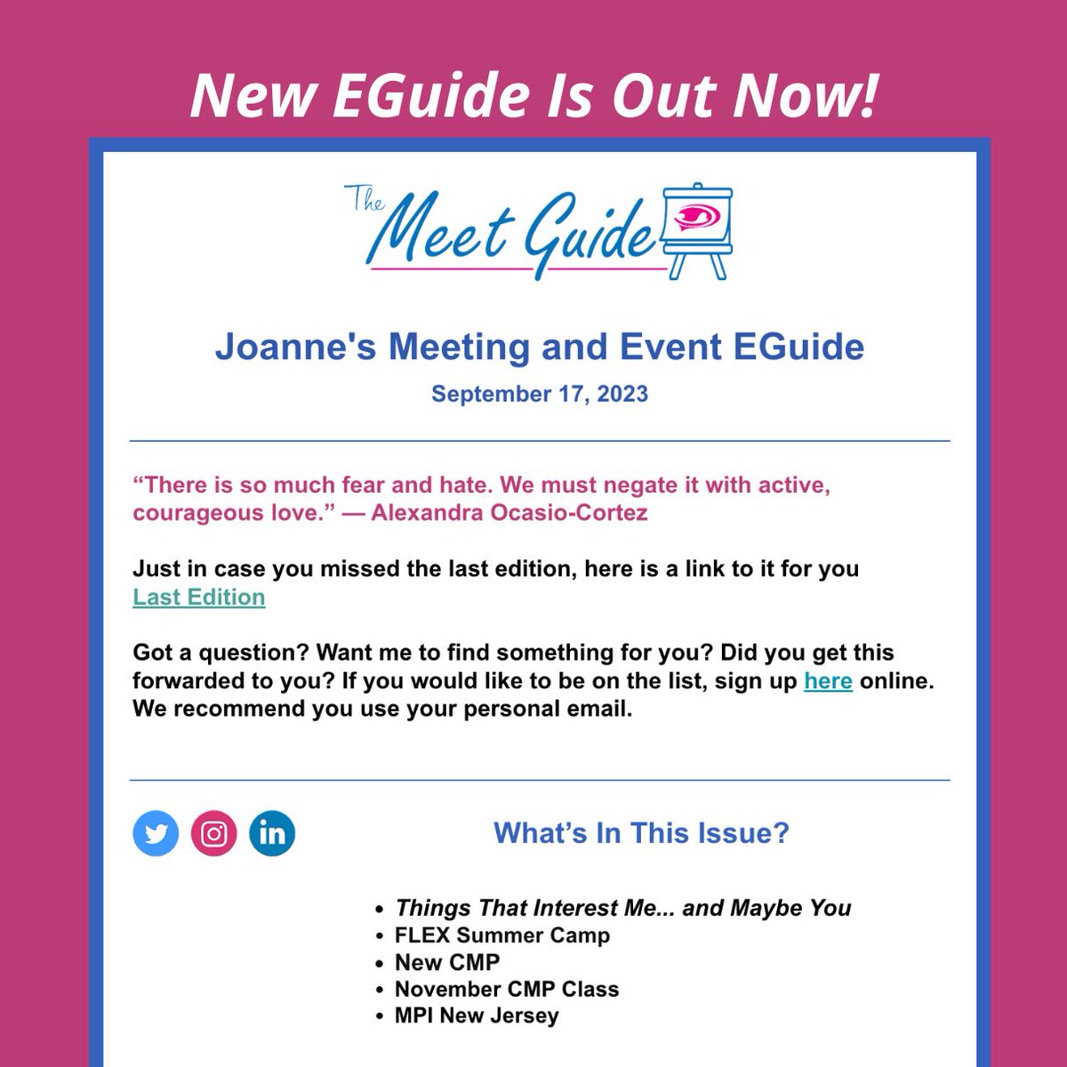 A new edition of my Meeting and Event EGuide is out! conta.cc/3sRVbjk

Want to join our mailing list? Sign up here: ow.ly/yKIb50NyX82 

#themeetguide #cmp #meetingsandevents #meetingprofs #eventprofs #miceindustry #eventplanners #hospitality