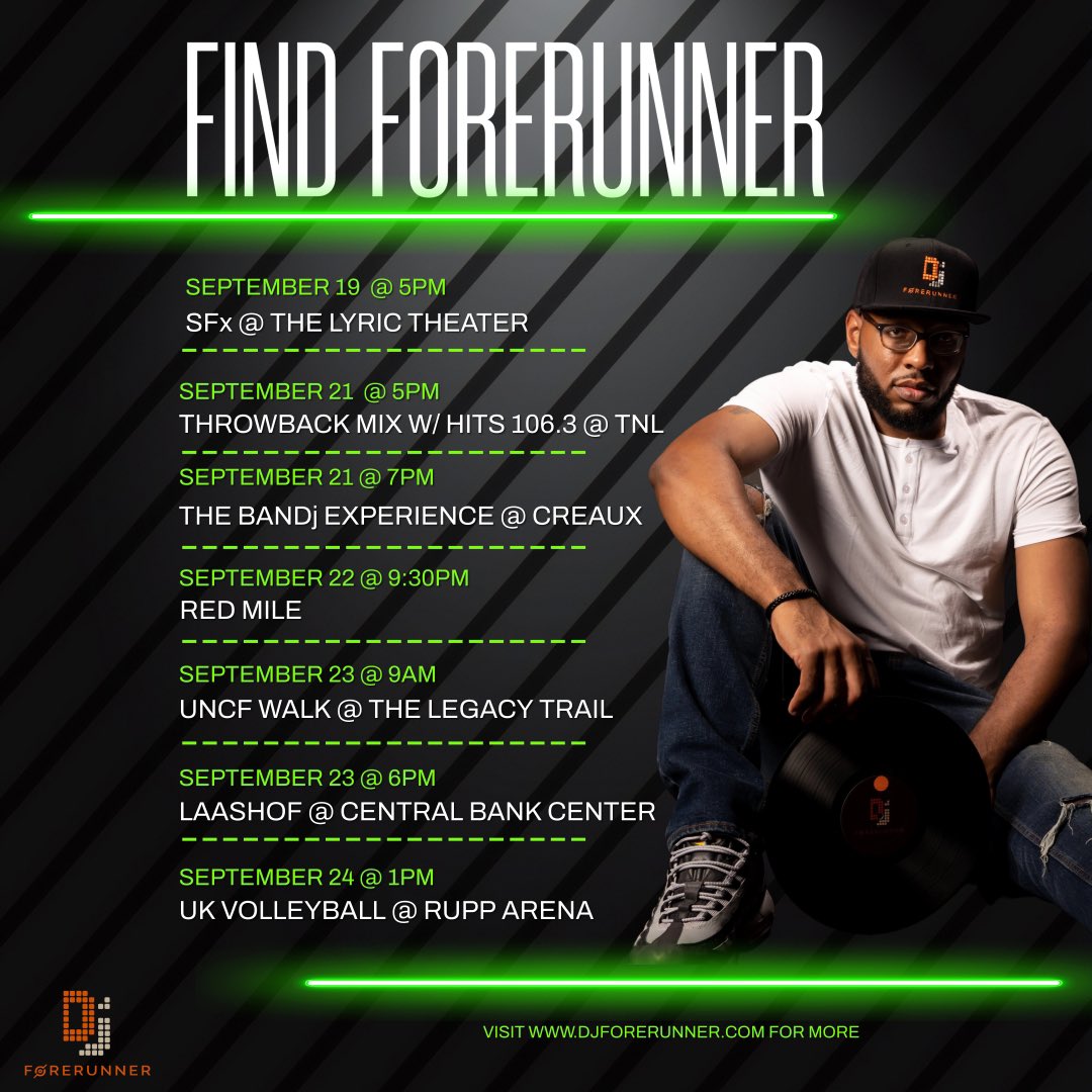 LET’S GO!! 

LEXINGTON! I’m all over the city this week. Hope to see ya around at one or ALL of these events. 
Let’s get into it! 

#InternationalExperienceCurator #TheSixFootSpinner  #DJLife #RespectTheDJ  #InternationalDj #TheElitegiance #Lexington #Kentucky #LetsGo #WorkHard