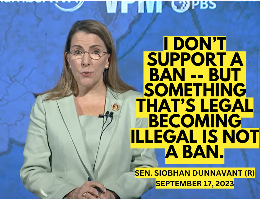 VirginiaHound's tweet photo. Yesterday, Sen. Siobhan @Dunnavant4VA tried to have it both ways on abortion -- explaining that she doesn't want to "ban" abortion, she just wants to make it illegal.

"Something that's legal becoming illegal is not a ban," Dunnavant absurdly claimed. 
#VApolitics https://t.co/yReFTZ7lj8
