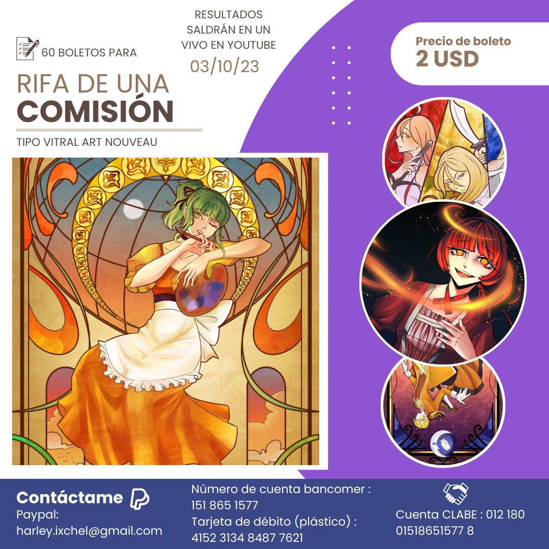 Ixchel_la_luna's tweet image. Buenas, como saben tengo comisiones abiertas y demás pero me gustaría hacer una actividad para ustedes y que puedan intentar ganar una comisión estilo vitral como estos por solo 2 dólares. 
Para ingresar a la rifa solo manden DM con el número y screenshot del depósito.
#Giveaway