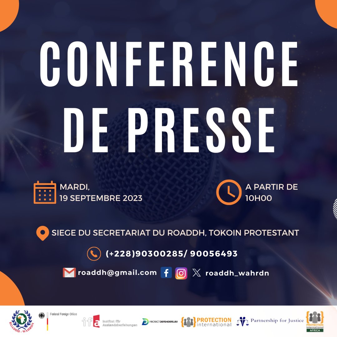 Le Secrétariat du Réseau Ouest Africain des Défenseurs des Droits Humains (ROADDH), en partenariat avec la Coalition Togolaise des Défenseurs des Droits Humains (CTDDH) organise ce mardi 19 septembre 2023, une conférence de presse à son siège.
