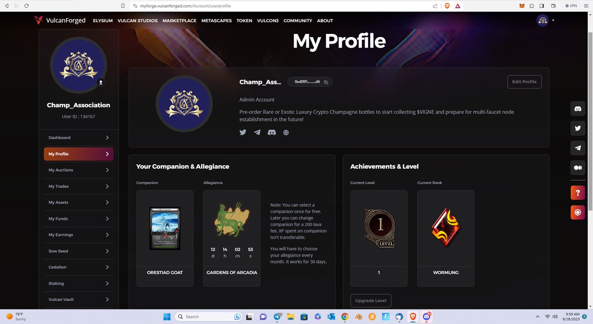 Champ_io's tweet image. Today our association created an admin account to manage activities of the holding company on platforms established by @VulcanForged 👨‍💻

We are the 134,167th member to signup — it took less than 5min to create an account and connect our web3 wallet!

$PYR $LAVA $VIGNE #ESL20