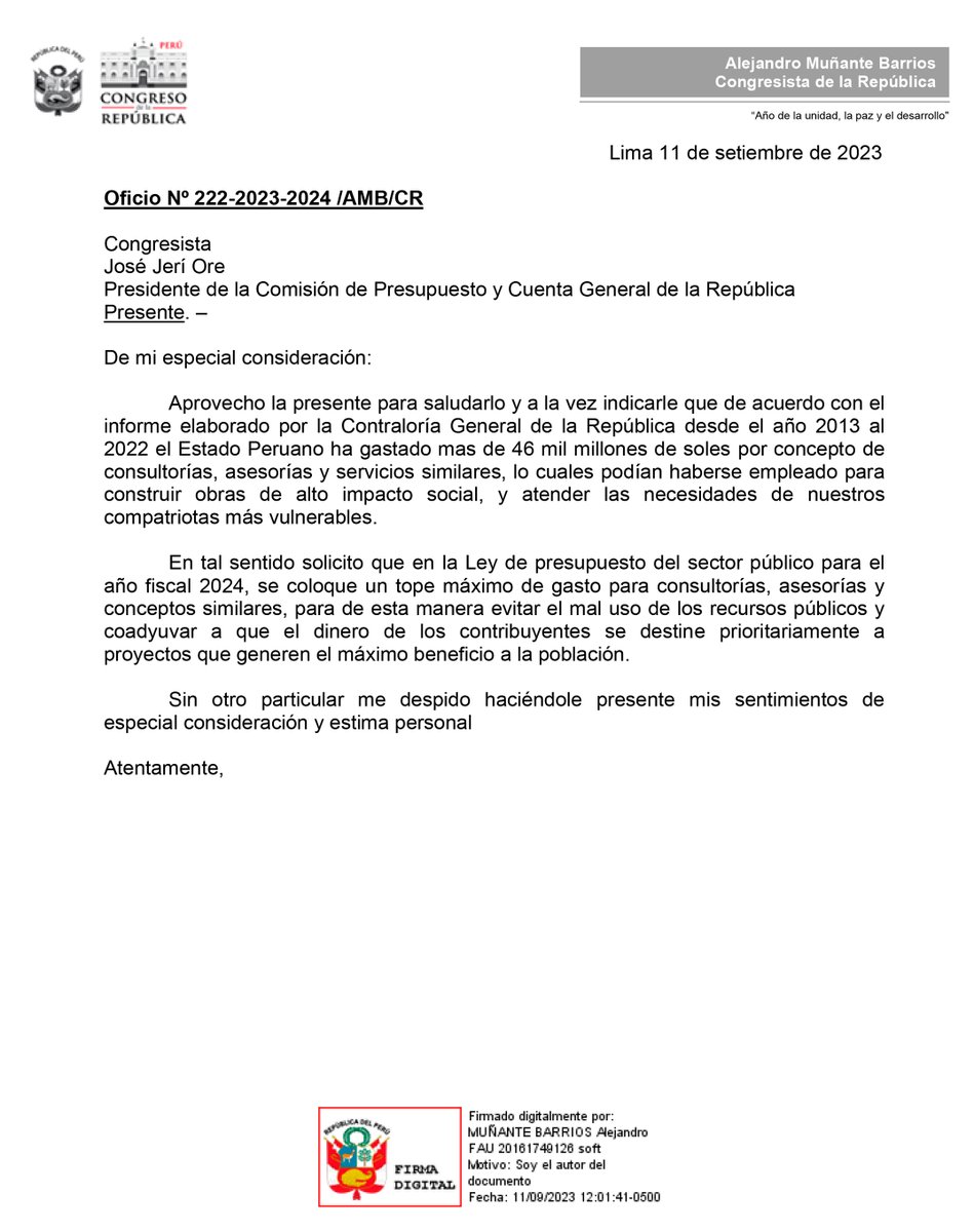 AlejoMunante's tweet photo. 🚨 #URGENTE | Procurando el mejor manejo de los recursos públicos, he solicitado al presidente de la Comisión de Presupuesto y Cuenta General de la República que en la Ley de Presupuesto del 2024 establezca un límite máximo para consultorías, asesorías, y servicios similares. No más despilfarro del dinero de los contribuyentes.
#VamosPorMás 🇵🇪
#PolíticaDecenteYValiente