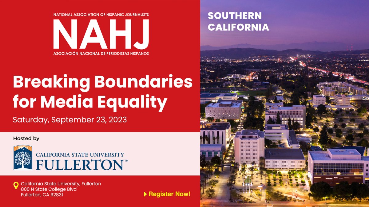 Compañeros(as/es) in SoCal, <a href="/NAHJ/">NAHJ</a> is having a FREE half-day workshop at <a href="/csuf/">Cal State Fullerton</a> THIS SATURDAY, Sep. 23. 
All professionals and student journalists are welcome. This will be a great networking opportunity.
Aqui les dejo el link: nahj.memberclicks.net/breaking-bound…
Hope to see you there!