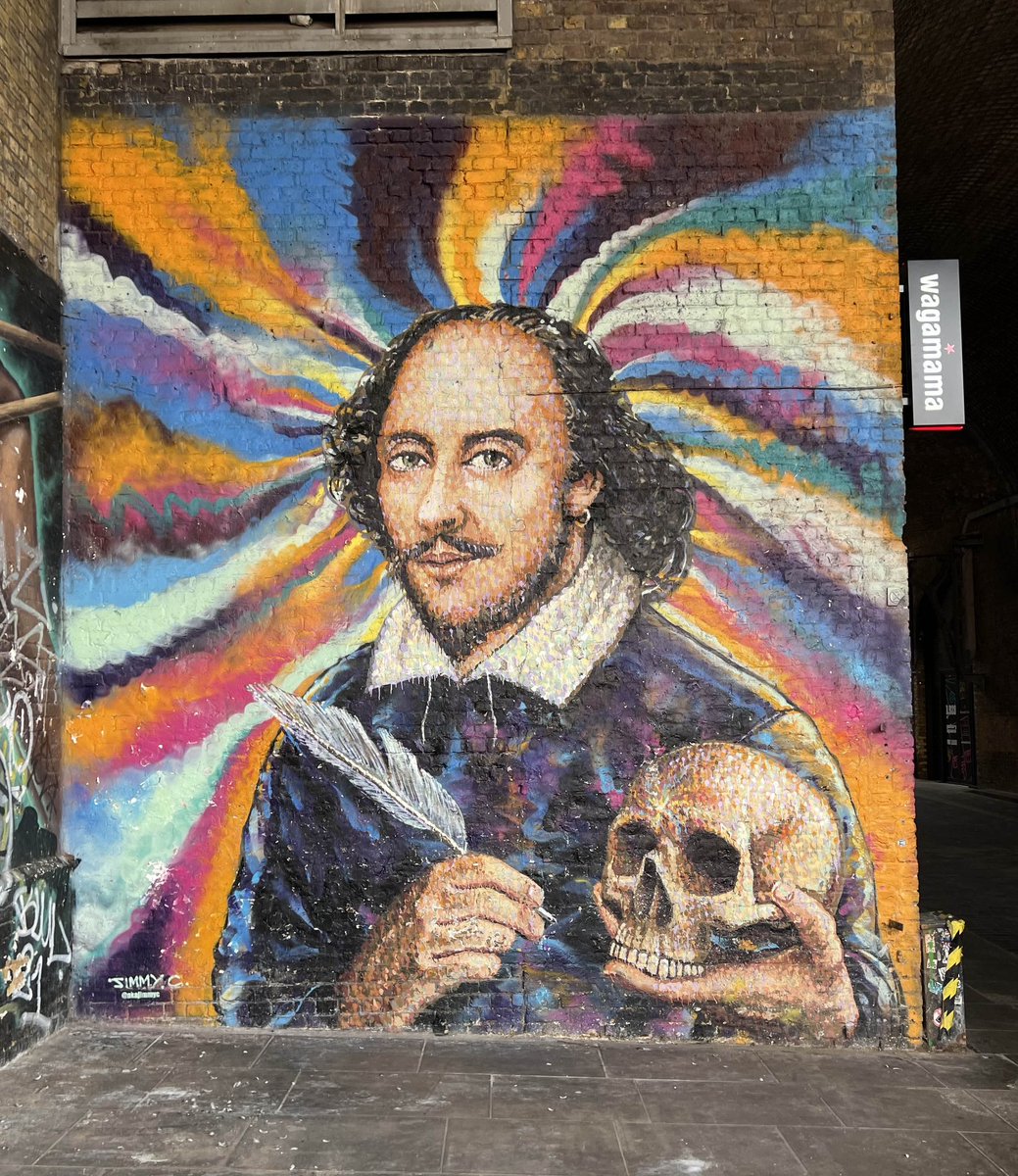 The_Globe's tweet image. One of our favourite spots on Southbank is back: the Shakespeare mural 👏 

And we have a giveaway to celebrate! Win a prop skull worth £50 from our shop, which is what artist Jimmy C used to model the skull in the mural 🎨 

To enter:
👉Follow us
👉 Retweet
👉 Comment 💀 below!