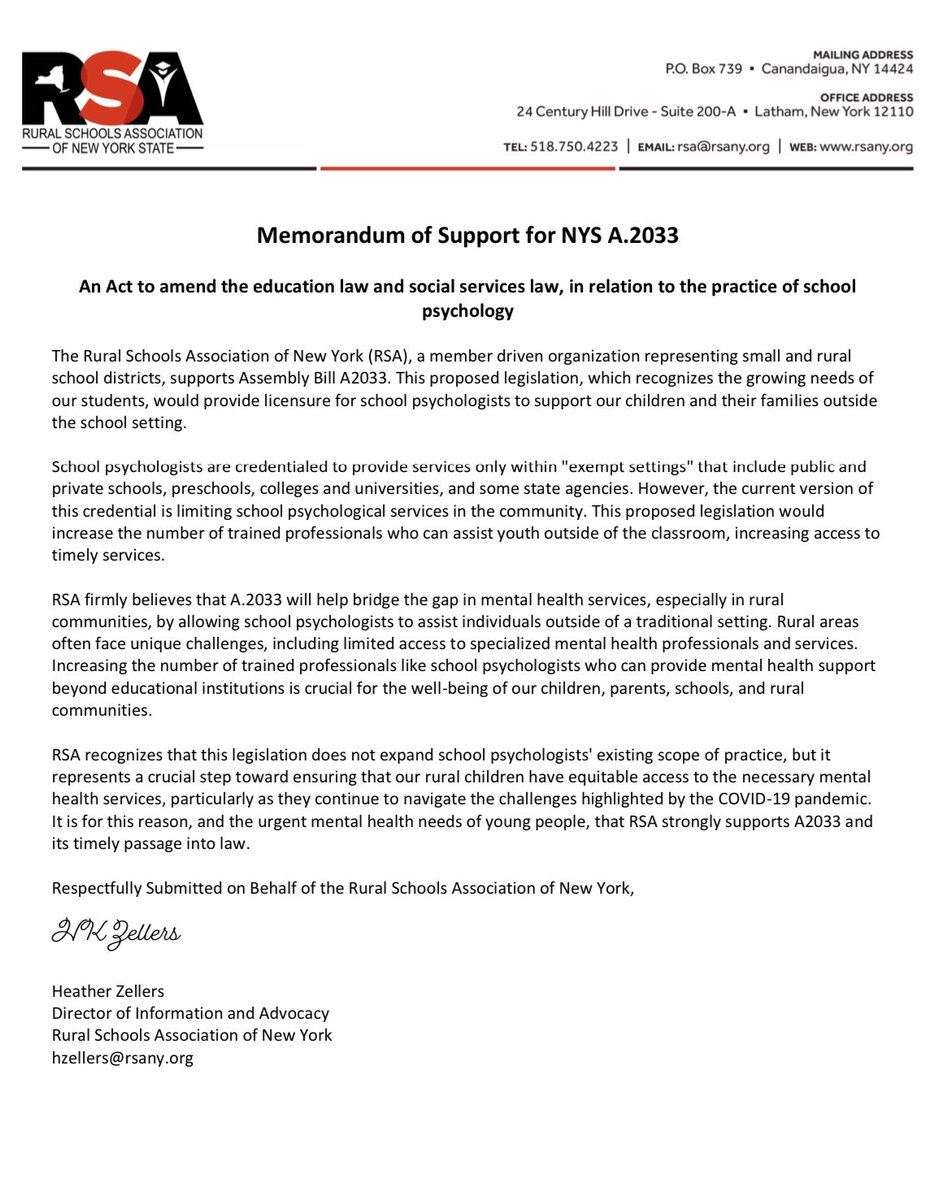 Thank you to @NYRuralSchools for recognizing the value & importance of licensing school psychologists to offer services in the community! Yes, our kids & families matter @PatriciaFahy109 @LindaBRosenthal @SenatorBrouk @tobystavisky