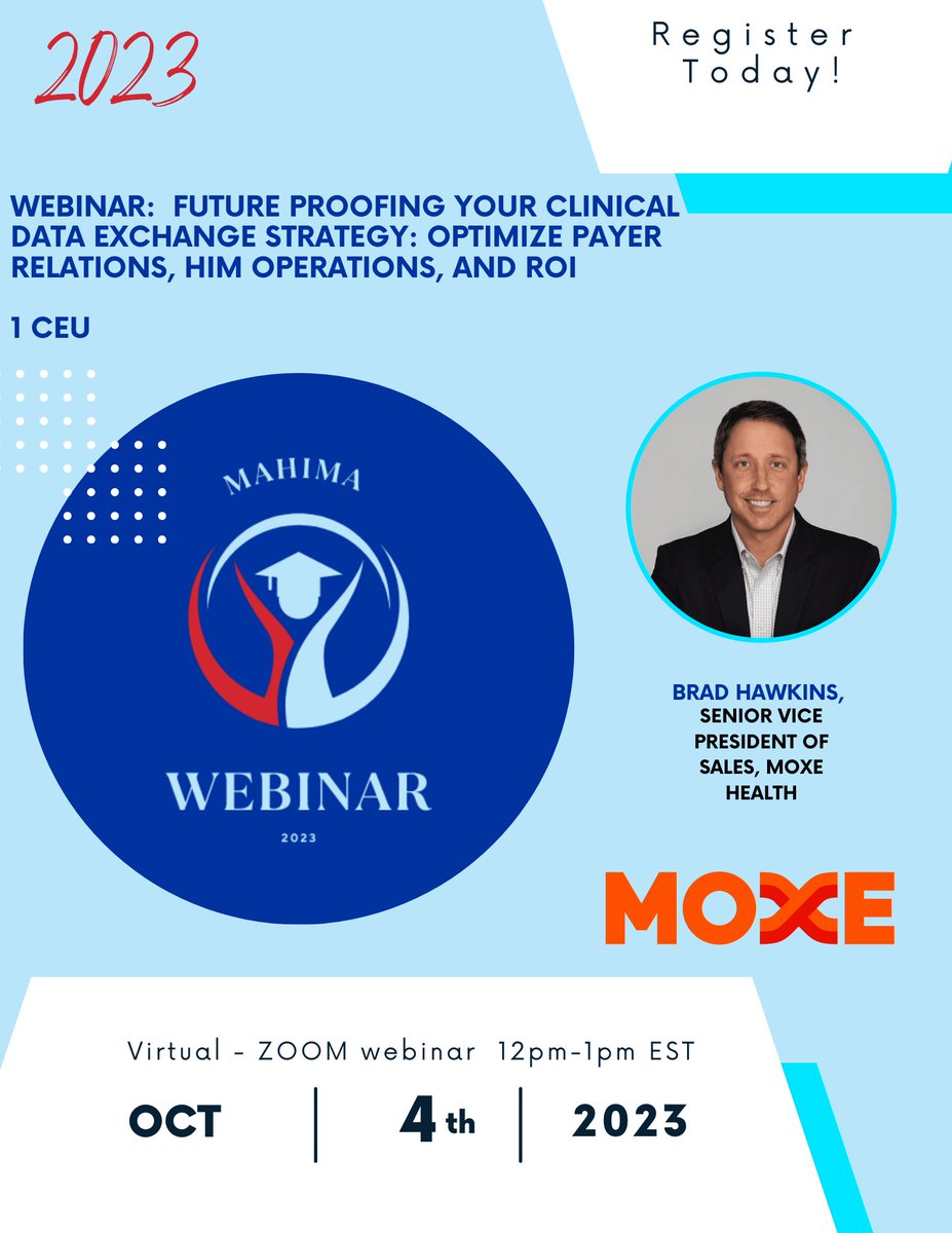 Join us for our virtual MaHIMA Webinar: Future Proofing Your Clinical Data Exchange Strategy on Wednesday, October 4, 2023 at 12:00 PM presented by Brad Hawkins, Senior Vice President of Sales, Moxe Health.  Register today!

mahima.memberclicks.net/webinar_100420…