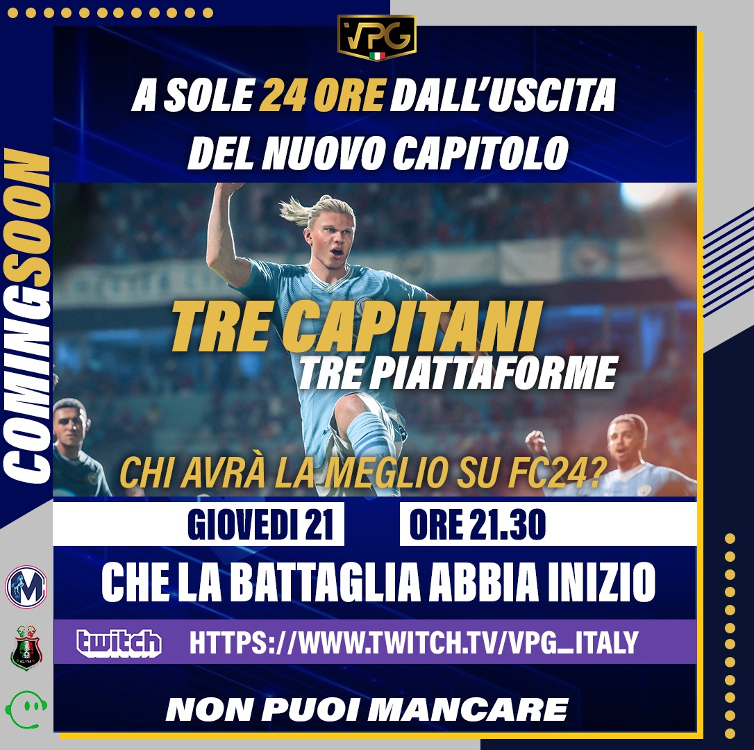 VPGItaly's tweet photo. 12 anni la stessa domanda: 
"quale piattaforma ha le squadre più forti?"
🤩Ora lo scopriremo.

CHE LA BATTAGLIA ABBIA INIZIO!
https://t.co/IIdtgK17NO
GIOVEDI POTRAI DIRE LA TUA!
Non mancare!

@rt_proclub433 
@Carmine_Vpg https://t.co/tuzCV3zDR6