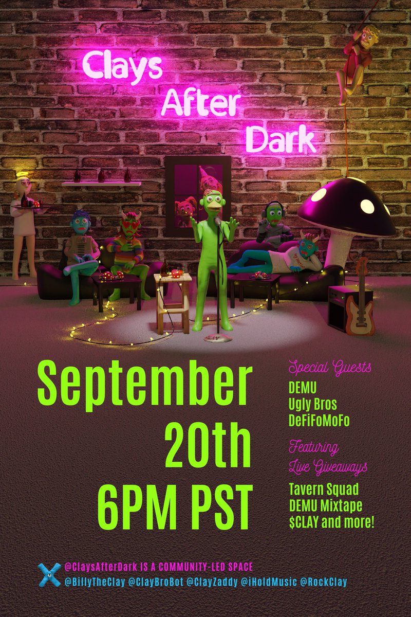 It’s almost HUMP DAY, and you know what that means—Clays After Dark is coming to you LIVE and DIRECT! 💜 Guests: @DEMUPro 🎵 @UglybrosNFT 🔥 @erocks79 🤝 Help us help you—SET Those Reminders! ⏰ twitter.com/i/spaces/1OdKr…