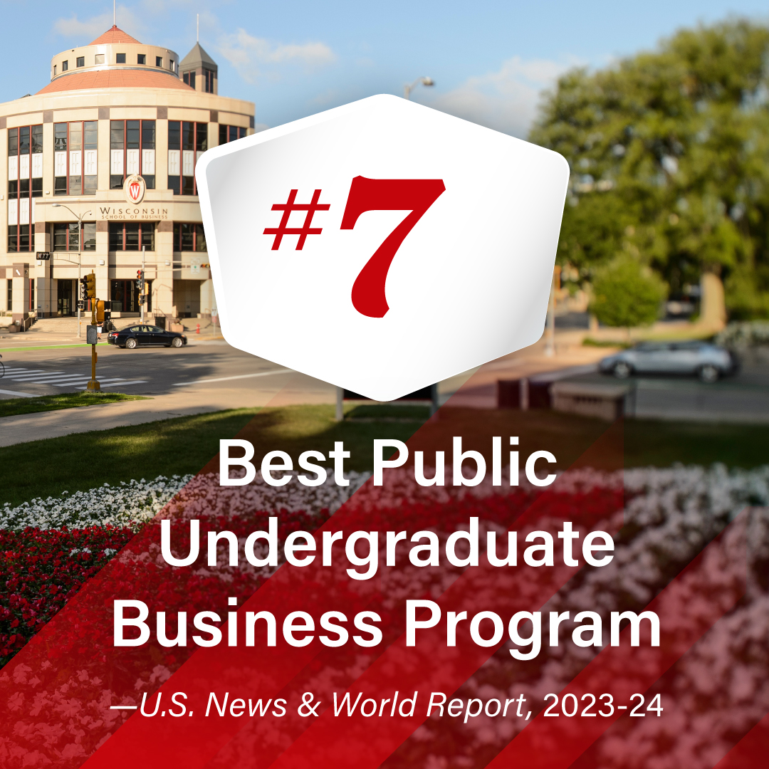 UWBusiness's tweet photo. We're ecstatic to announce that #WSB ranks #7 in @usnews's list of best public undergraduate business schools. Other WSB programs in the top 10 include #1 in Real Estate, #2 in Risk and Insurance, and #9 in Marketing. #OnWisconsin 

#Rankings #BusinessBadgers #Excellence https://t.co/0Pla5mQPRV