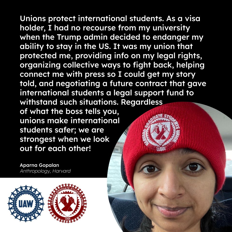 nugradunion's tweet photo. Unions protect international grads. Just ask Aparna who saw @hgsuuaw help lower fees and provide legal aid to all international students.
GENU stands with our international grads!
#MaPoli #SoTrueBestie #GradStudentsAreWorkers #PhDChat #AcademicChatter #UnionStrong #northeastern https://t.co/HsNrDAYos0
