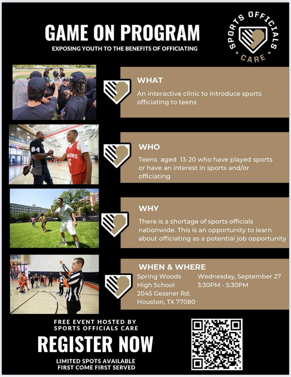 FutureOfficials's tweet photo. FREE Officiating Camp with @SptsOffCare for all @SBISD students on Wed 9/27 at @SpringWoodsHigh from 3:30-5:30pm. Get trained by professionals and sign up to work paid games!
🏈 Football
🏀Basketball
⚽️ Soccer
⚾️Baseball
🏐Volleyball
Register ⬇️
🔗 https://t.co/7eBRTGENkj https://t.co/F0hemJ0znU